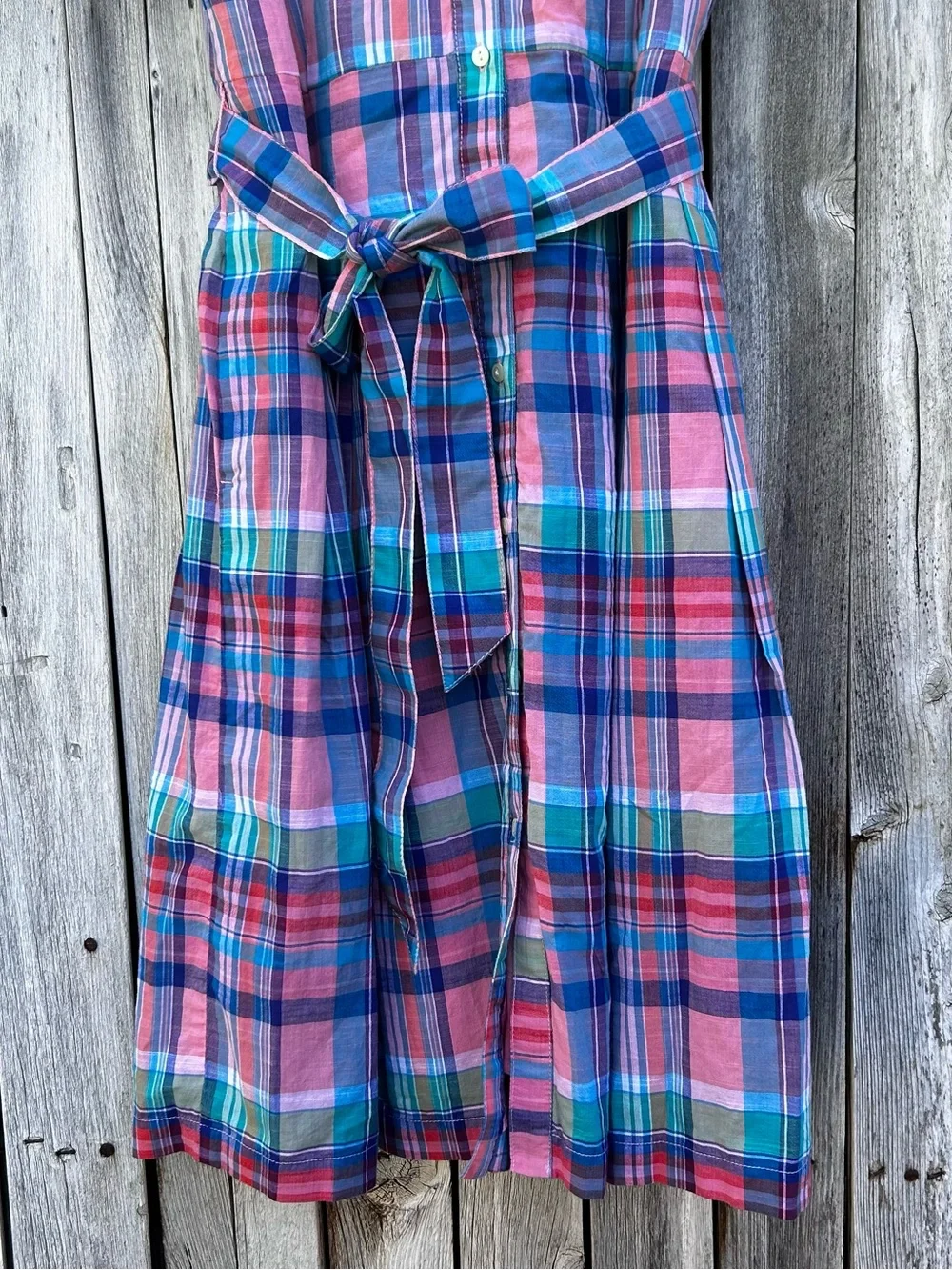 Talbots Madras Plaid Button Front Shirtdress Belted Cotton Pink Blue 12 - Picture 9 of 16